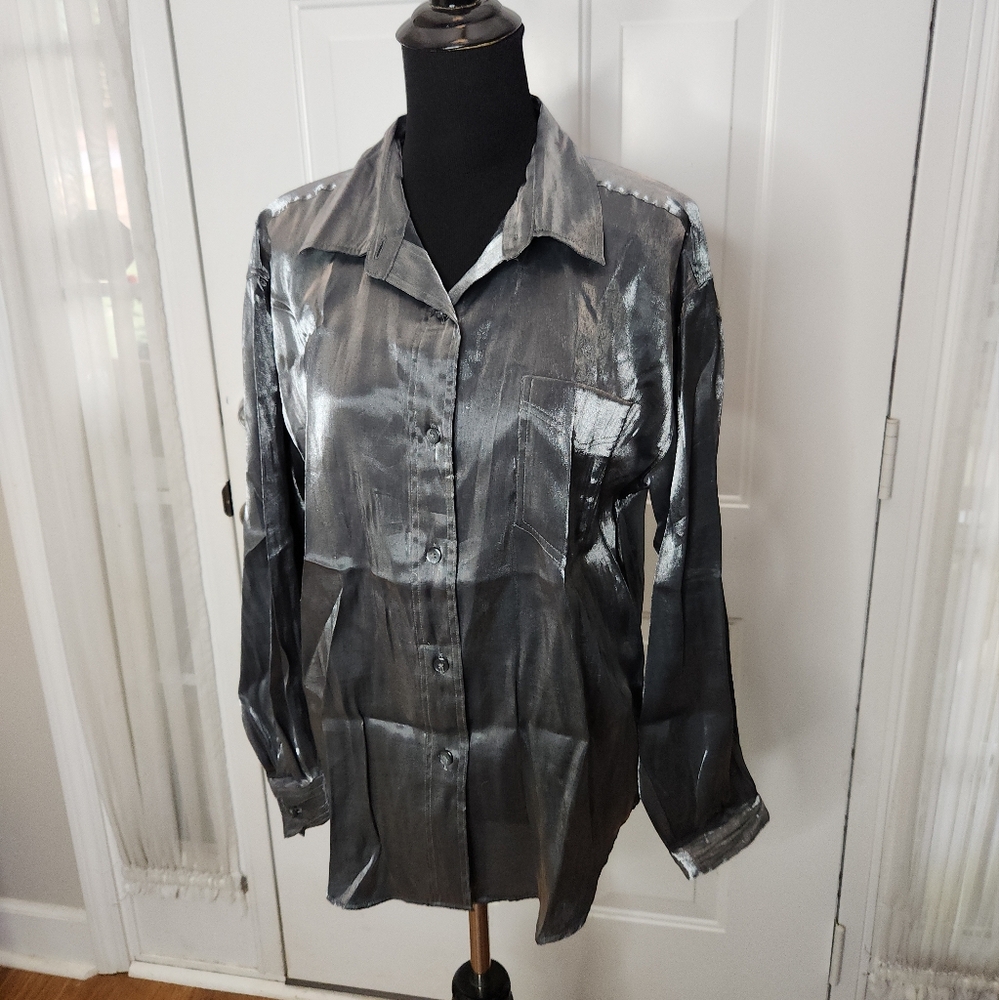NY Jeans New York Jeans Radiant Metallic Silver Long Sleeve Shirt Size Large